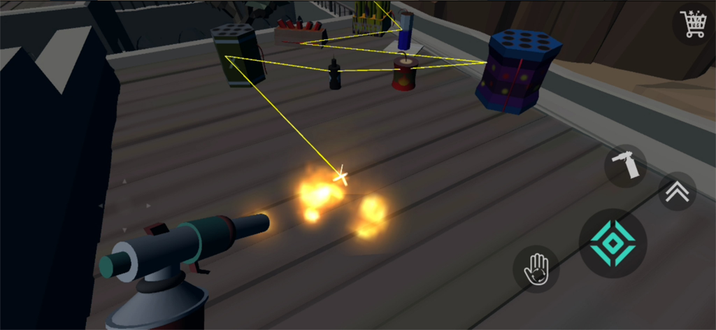First person view of a player lighting a firework fuse in a 3D simulation environment
