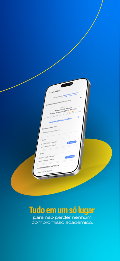 Um smartphone exibindo o calendário acadêmico do app Uninter com prazos de cursos e trabalhos.