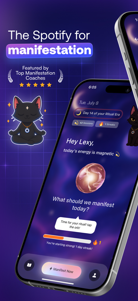 Un smartphone affichant l'interface de l'application Vix Manifestation avec un thème cosmique et un personnage de chat méditant