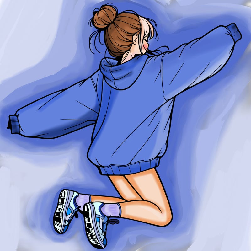 realistic girl jumping with a bun and oversized sweatshirt