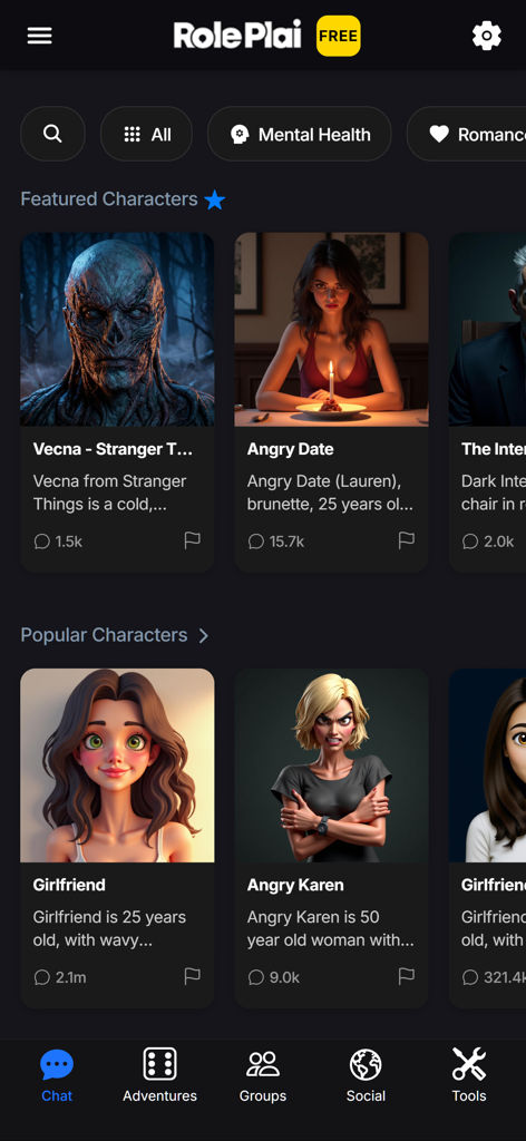 RolePlai app home screen showing featured and popular AI characters including Vecna and Girlfriend