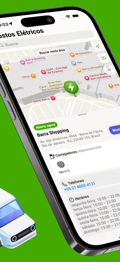 eStations - Screenshot of the eStations app interface showing a charging station location on a map with charger availability and operating hours