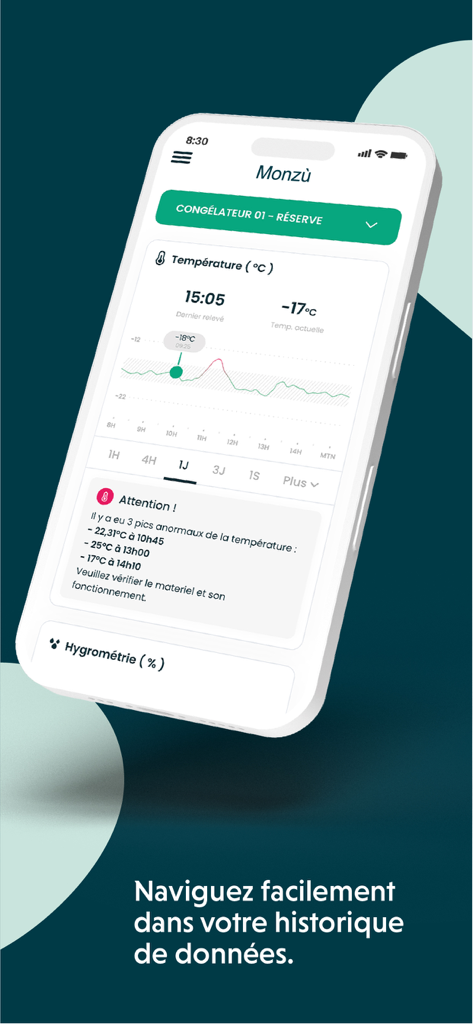 HE connect - L'application mobile HE Connect affichant un tableau de bord de surveillance de la température avec un graphique d'historique des données et des alertes de congélateur.