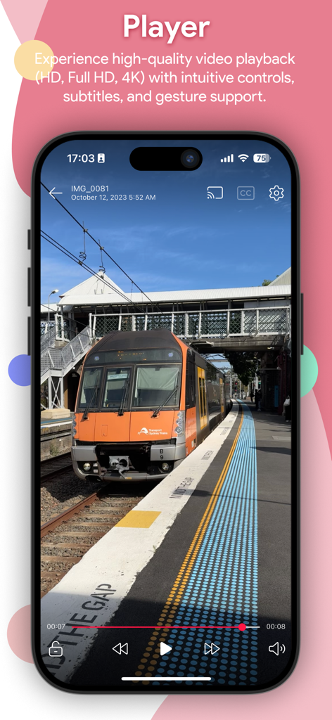 aPlayer - Video Play, Web Cast - A smartphone displaying the aPlayer video player interface with intuitive playback controls and high quality video