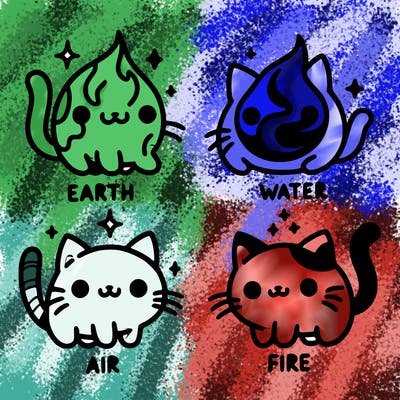 4 cats that represent the different elements, earth, water, air, and fire