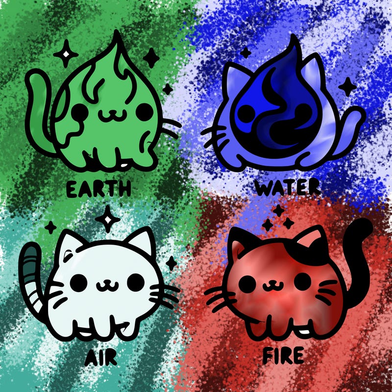 4 cats that represent the different elements, earth, water, air, and fire