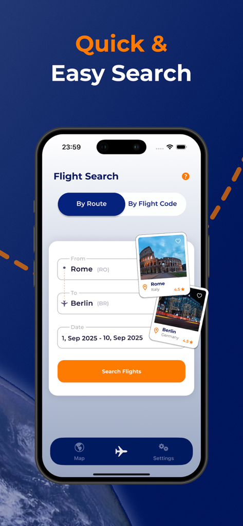 Flugsuche-Bildschirm mit Optionen zur Suche nach Route oder Flugcode mit einem Formular von Rom nach Berlin.