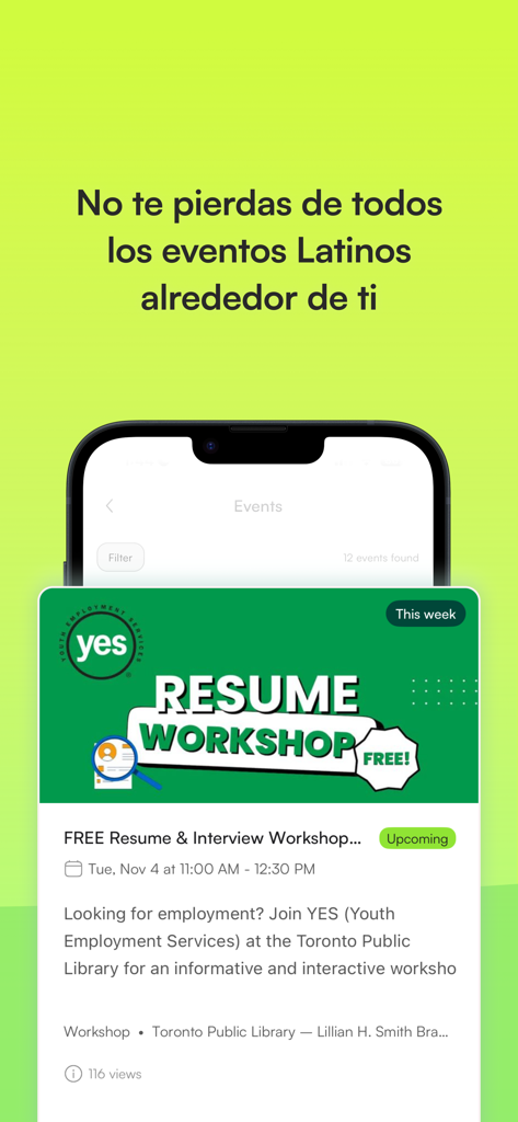 himigo - Himigo app interface featuring a list of local events and workshops for the Latino community
