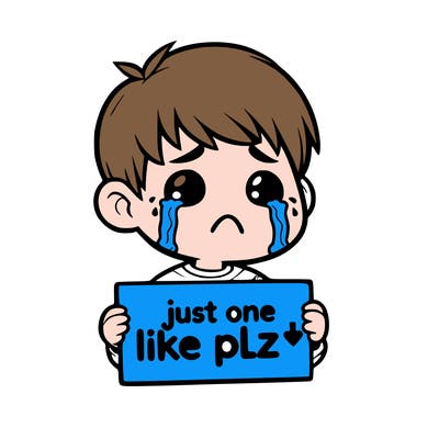 realistic crying boy with a sign saying just one like plz