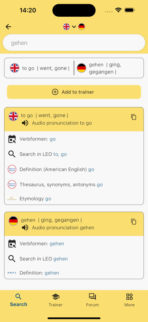 The LEO Dictionary app interface displaying detailed English and German translations for the verb gehen including verb forms and definitions.