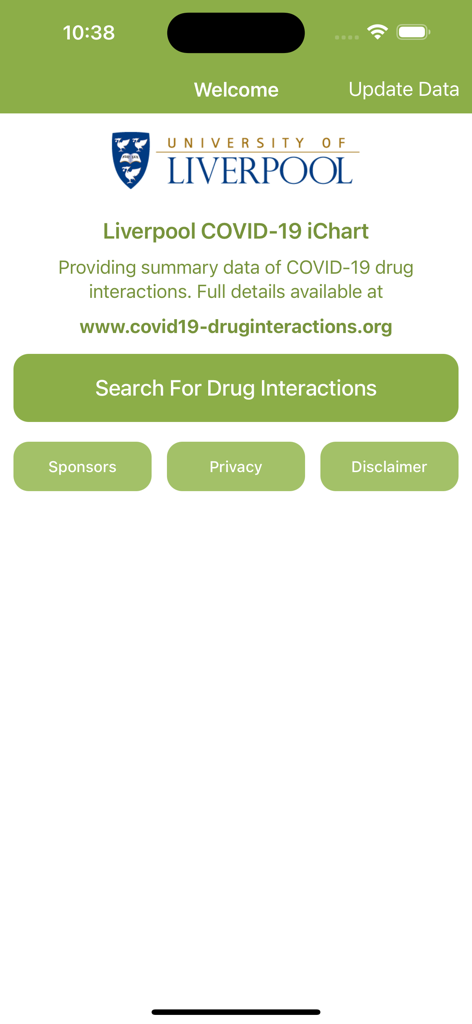 COVID-19 iChart - University of Liverpool COVID-19 iChart app home screen with a search for drug interactions button