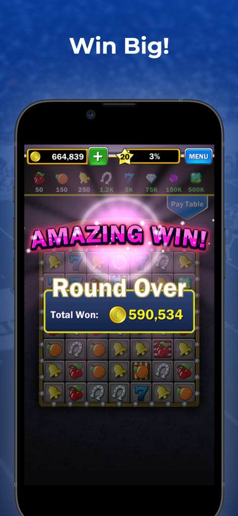 Jackpot Gems - Jackpot Gems game screenshot showing a large coin win with an Amazing Win notification