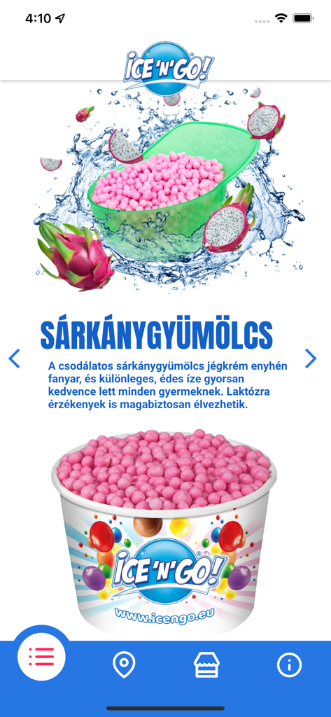 Perles de glace cryogénique saveur fruit du dragon rose servies dans un bol casquette de baseball vert sur l'écran de l'application Ice'N'Go