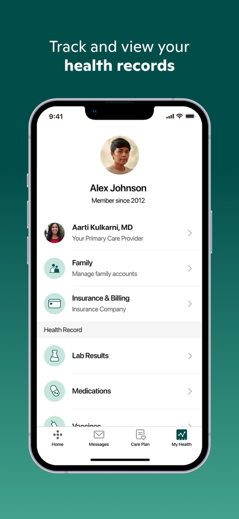 One Medical - One Medical app screen showing a user profile and health record categories like lab results and medications