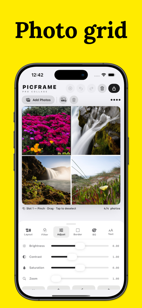 Photo Collage Maker – Picframe - Picframe app interface showing a four photo grid with brightness and contrast adjustment sliders