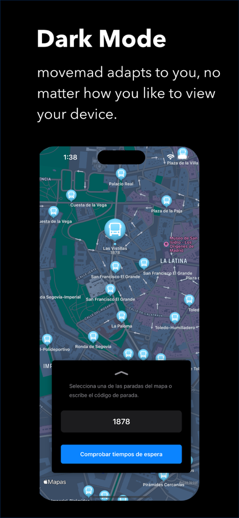 Movemad app interface in dark mode showing Madrid transit map and bus stops