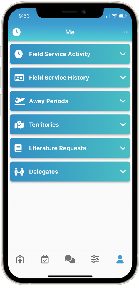 NW Publisher app user profile screen with options for field service activity and territories