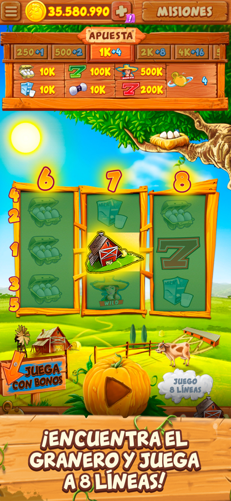 La Granja - Tragaperras Bar - Gameplay screenshot of La Granja Tragaperras Bar showing the 8-line game mode and barn symbol