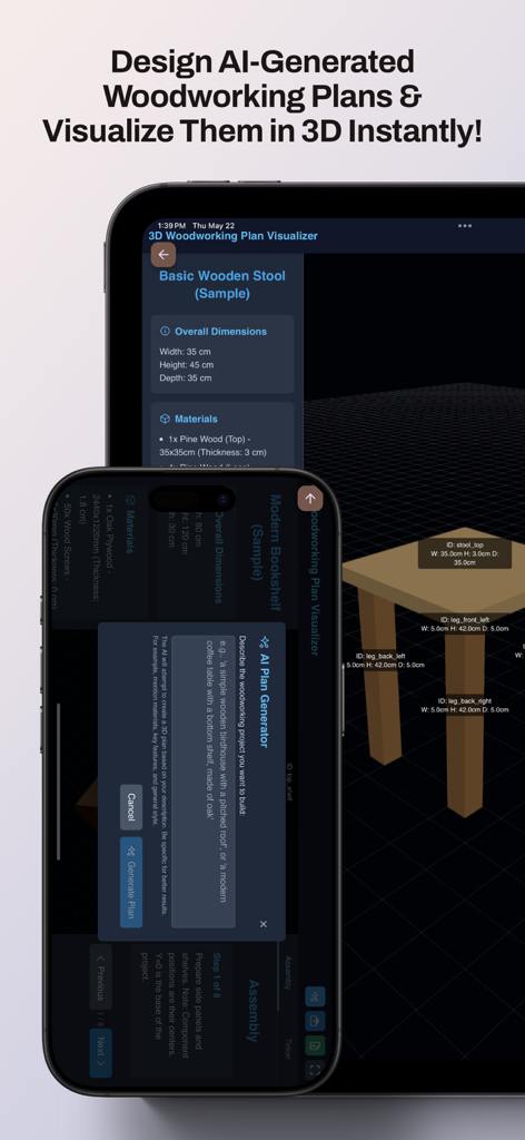 TimberTinker - TimberTinker app interface showing an AI-generated 3D woodworking plan for a wooden stool on both tablet and smartphone screens