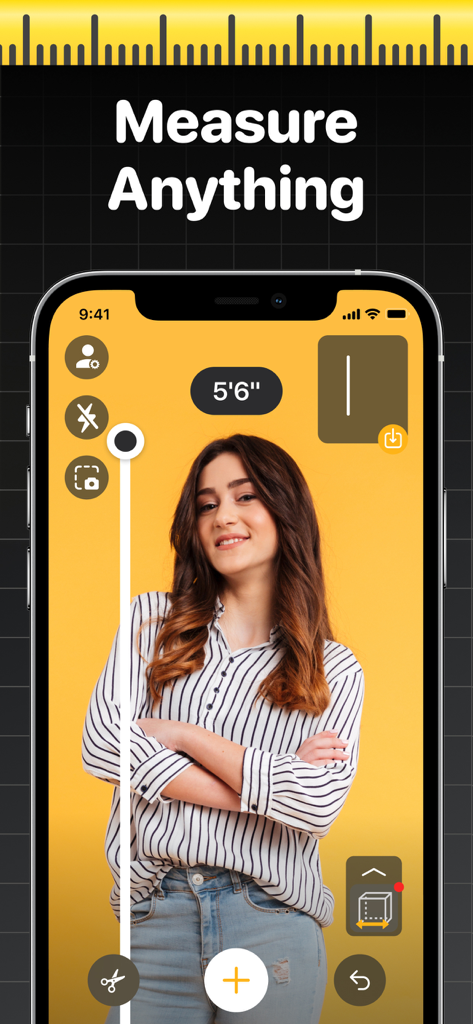 The Tape Measure & 3D Scanner - Una aplicación de smartphone usando tecnología AR para medir la altura de una mujer mostrando 5 pies y 6 pulgadas