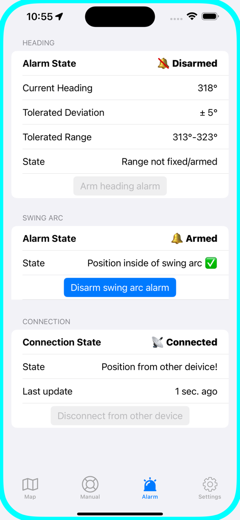 Anchor Alarm - Anchor Watch - Interface of the Anchor Alarm app displaying alarm states for boat heading, swing arc, and remote monitoring connection.