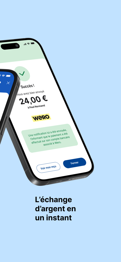 Screenshot of the Credit Mutuel Pay app showing a successful 24 euro instant money transfer via Wero