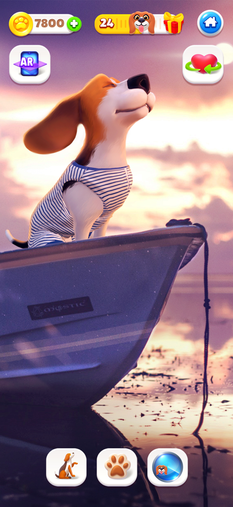 A virtual beagle puppy wearing a striped shirt sitting in a boat during sunset in the Tamadog app