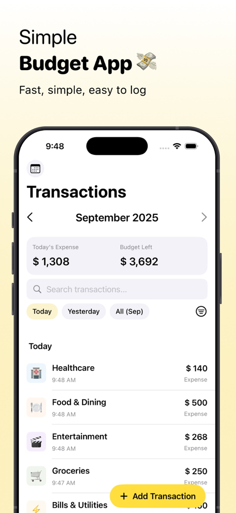 BalanceBee mobile app showing a list of daily transactions including categories like healthcare and food with budget summaries