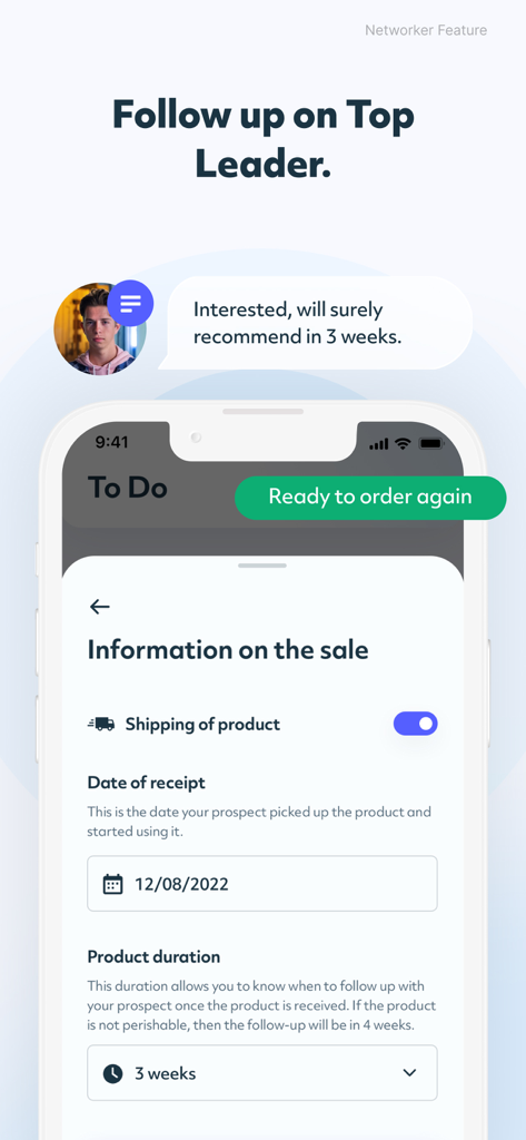 Pantalla móvil de la aplicación WO MLM que muestra información de ventas y opciones de seguimiento de clientes