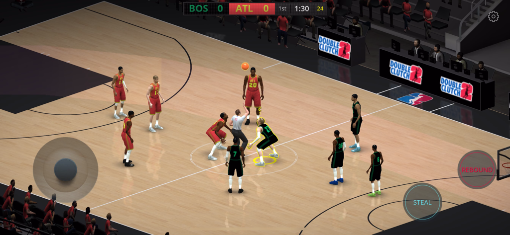 A basketball game tip-off scene in DoubleClutch 2 featuring BOS versus ATL on a mobile device.