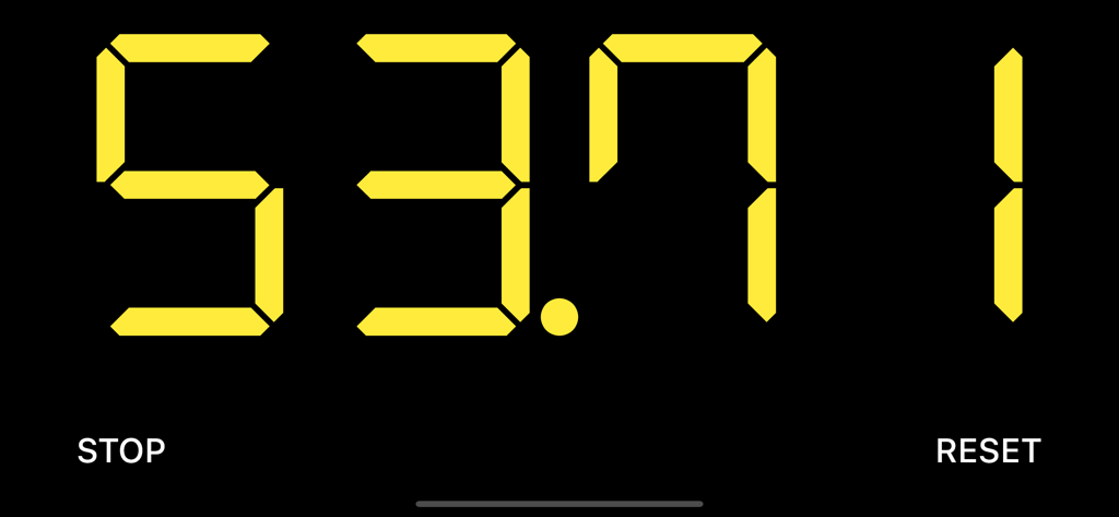 Ping-Pong Scoreboard - Yellow digital stopwatch on a black background with stop and reset buttons.
