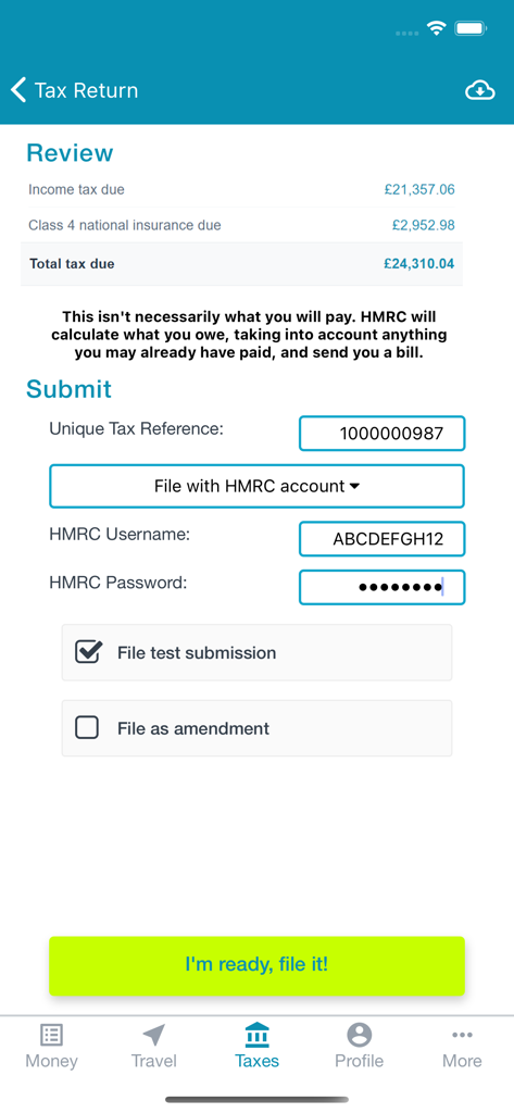 "untied" - personal tax app - Uma captura de tela do aplicativo móvel untied mostrando um resumo do imposto devido no Reino Unido e o formulário de envio para declaração à HMRC.