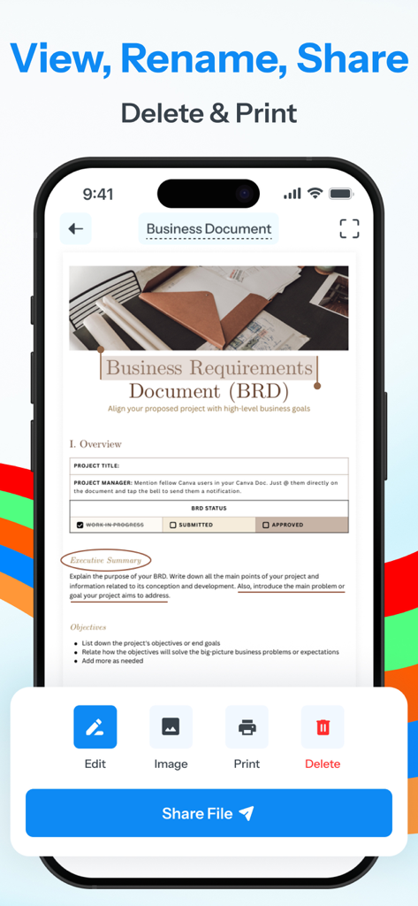 All Document Reader: PDF, Word - 編集、共有、印刷ボタンのあるビジネスドキュメントを表示するドキュメントリーダーアプリのiPhoneインターフェース