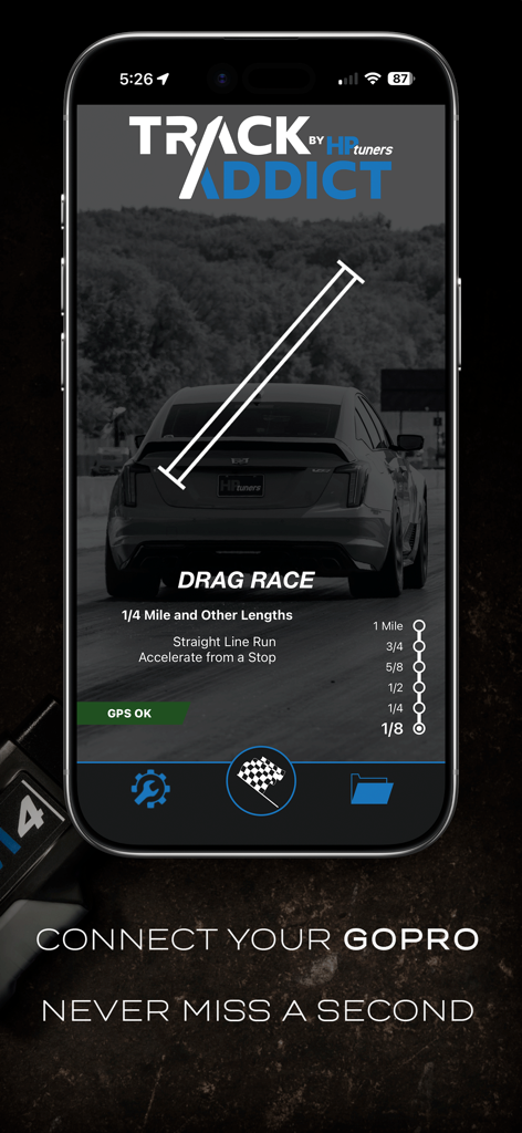 TrackAddict - TrackAddict app screen showing drag race mode for various track lengths and GoPro integration