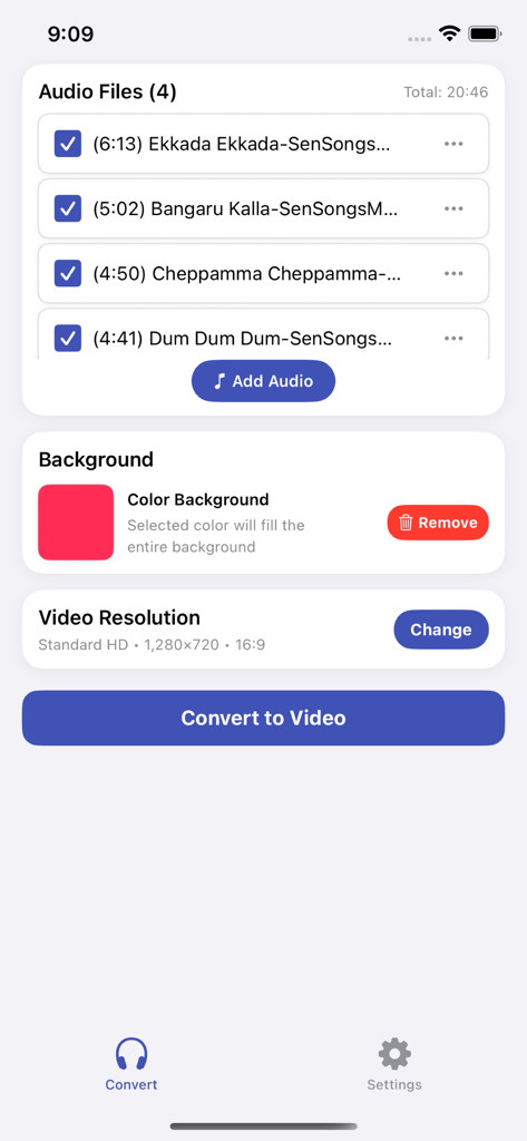 Interface du Convertisseur Audio en Vidéo Facile montrant les fichiers audio et les paramètres de conversion vidéo.