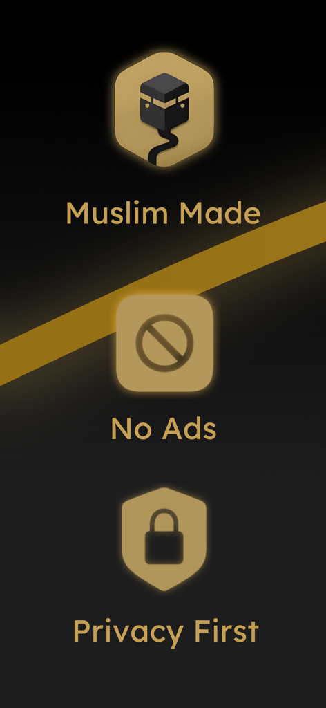 Recursos do aplicativo Ihsan mostrando ícones de Muslim Made, No Ads e Privacy First