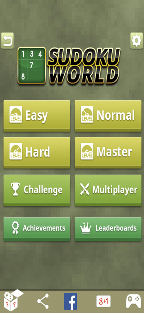 Pantalla del menú principal de Mundo Sudoku que muestra los modos de juego y los niveles de dificultad.