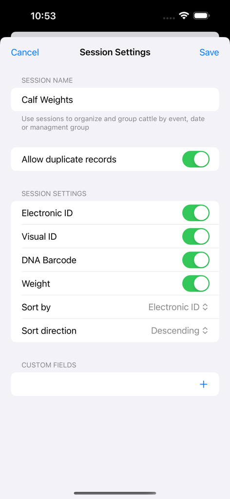 Interface showing session configuration settings in the TagMax livestock management app