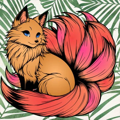 realistic detailed 9 tailed anime fox