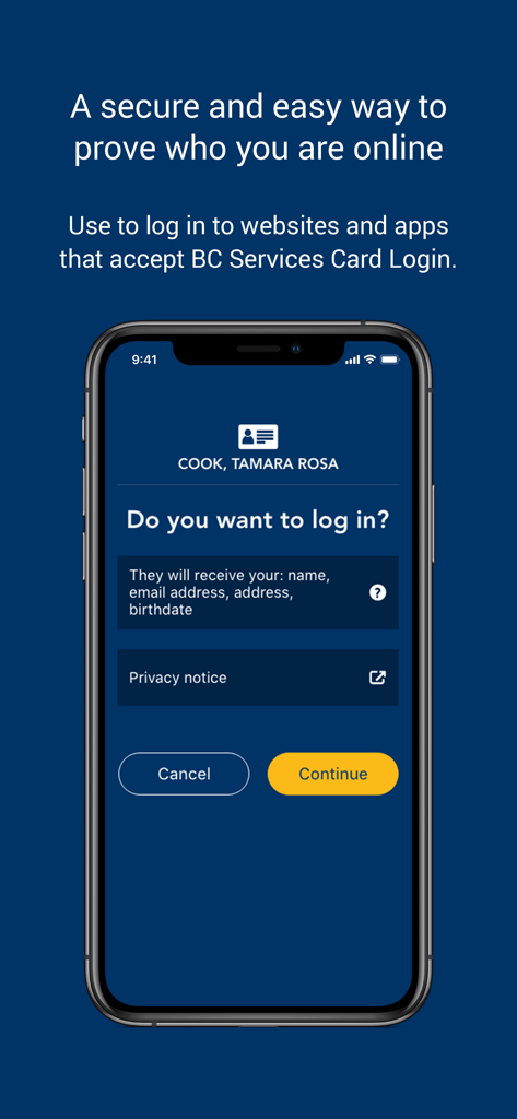 Schermata di accesso all'app BC Services Card per una verifica sicura dell'identità digitale