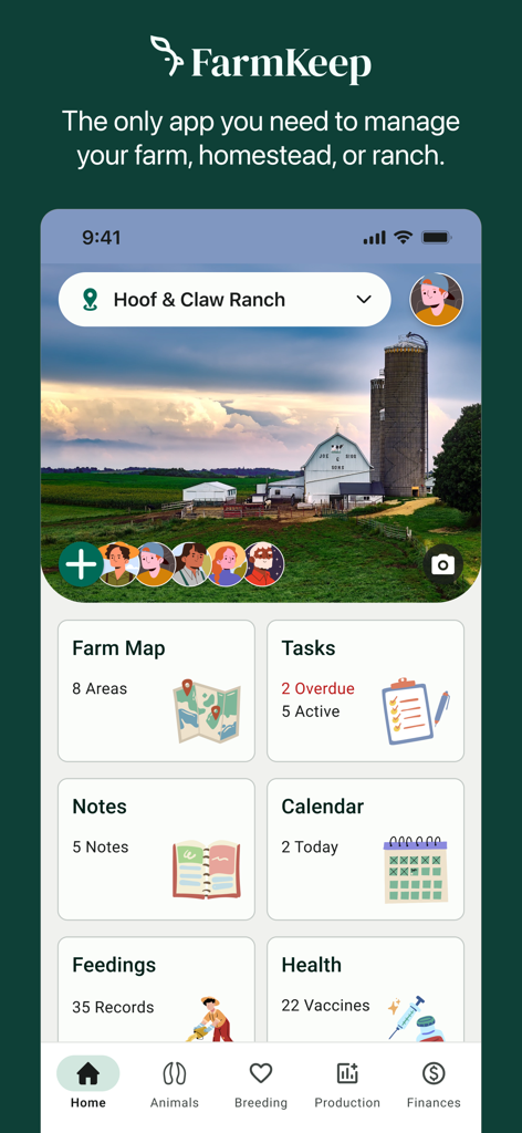 FarmKeep mobile app home screen dashboard with tools for managing a farm and homestead