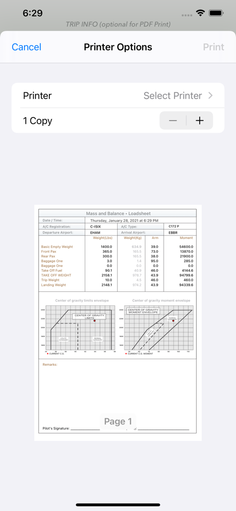 C172 M&B Mobile - Anteprima di stampa del foglio di carico del Cessna 172