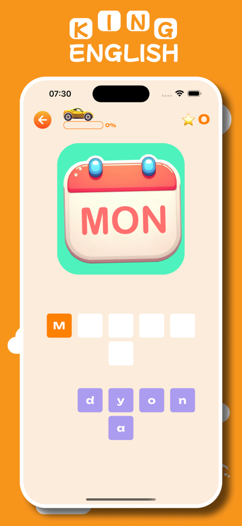 A word puzzle screen in the King English Game app showing a calendar icon and letters to spell the word Monday.