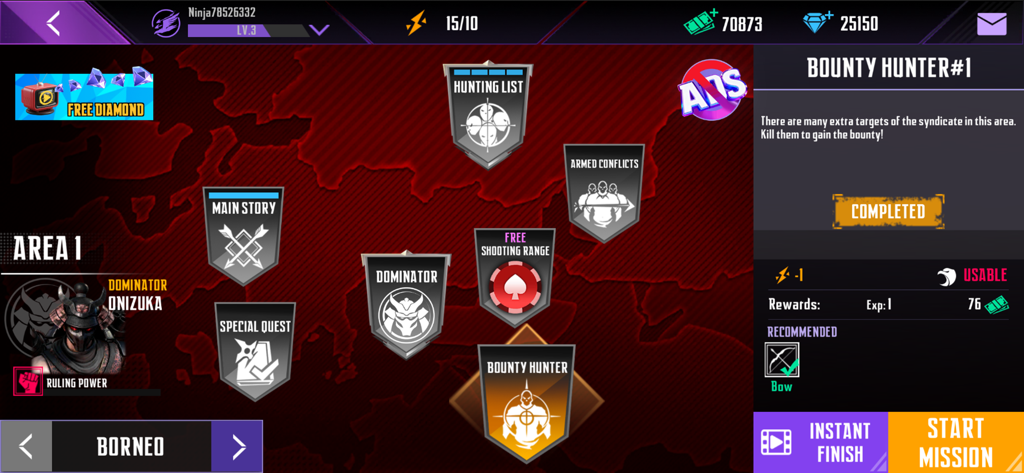 Mission selection screen in Ninja's Creed 2 Shadows for Area 1 Borneo showing different quest types.