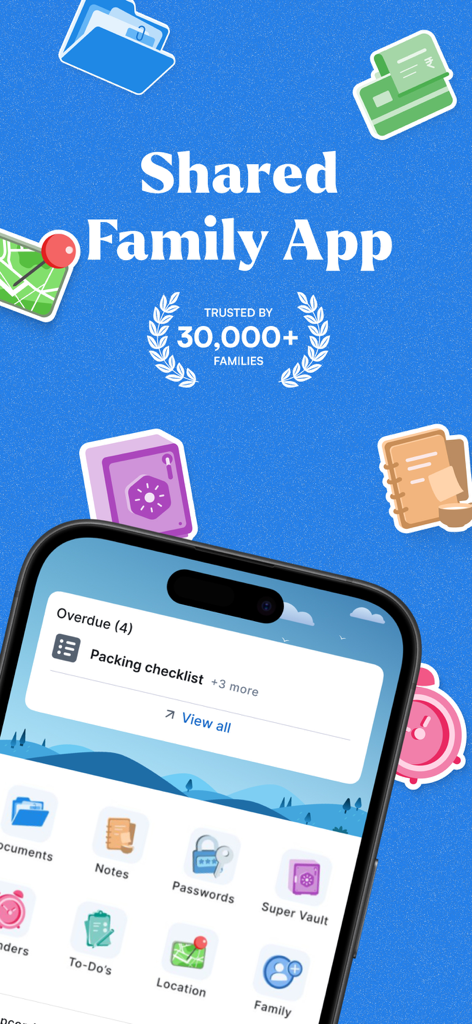 SuperFam - Shared Family App - SuperFam 앱 홈 화면, 위치 공유, 비밀번호, 문서 및 작업을 위한 정리된 가족 도구 표시
