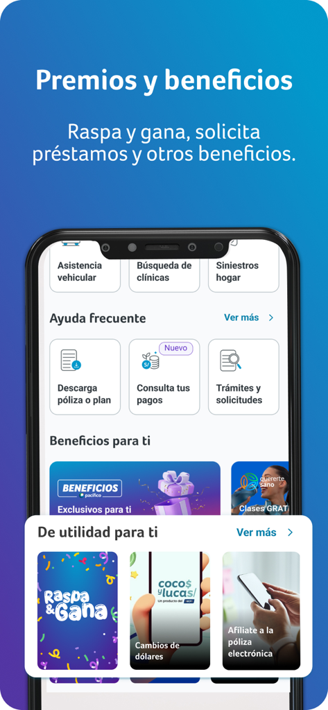 Mi Espacio Pacífico - Interface of the Mi Espacio Pacifico app displaying insurance services rewards and account management features
