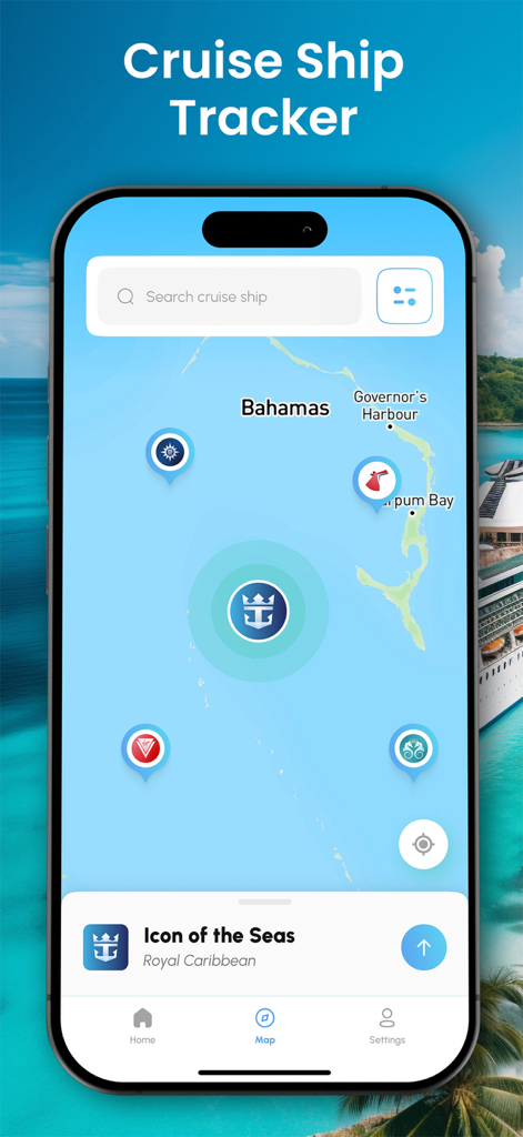 Cruisr app map interface showing real time cruise ship tracking near the Bahamas