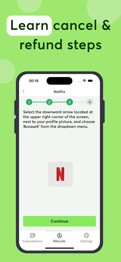 Subee app screen showing step by step instructions to cancel a Netflix subscription