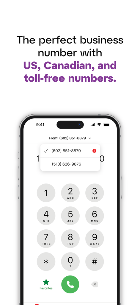 Grasshopper app interface showing a mobile dialer with options for US Canadian and toll free business numbers