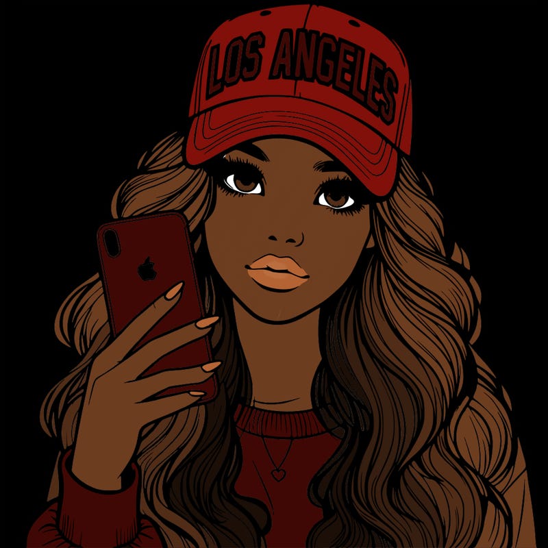 realistic beautiful girl wearing los ángeles cap holding an iphone